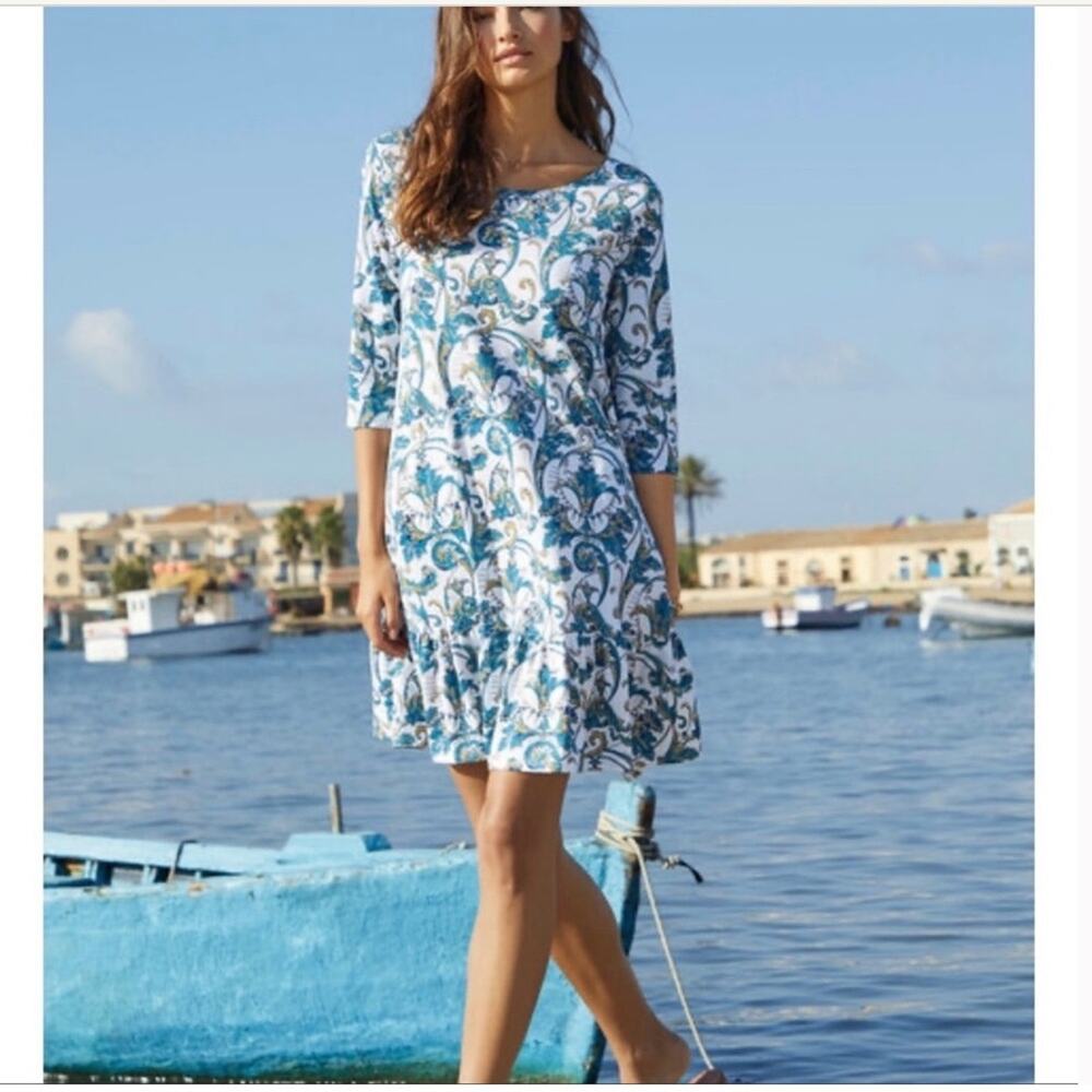 Peruvian Connection Acanthe Blue White Lima Cotton Dress Size M